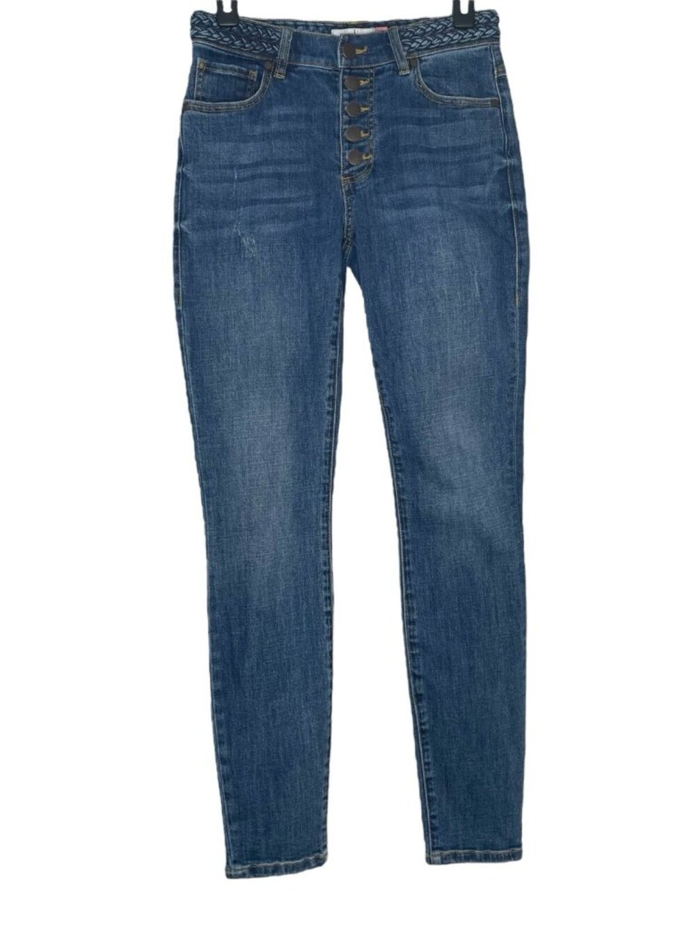 Cabi Womens Jeans Size 2 Button Fly Skinny Braided Waistband Blue Style #5694